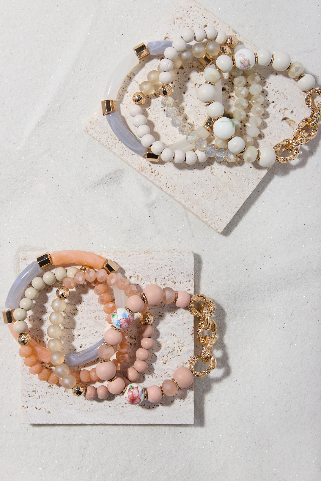 Beaded Wood Chain Link Bracelet Set - Dark salmon
