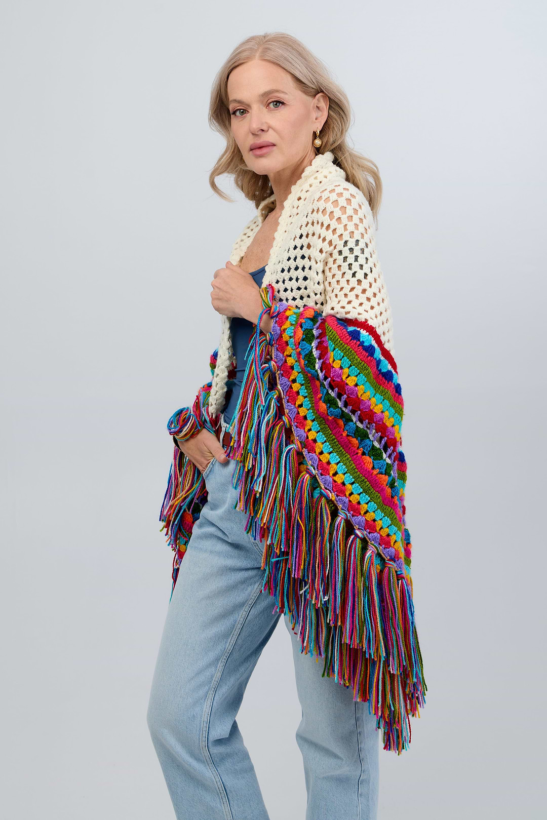 Rainbow Crochet Fringe Wrap - White