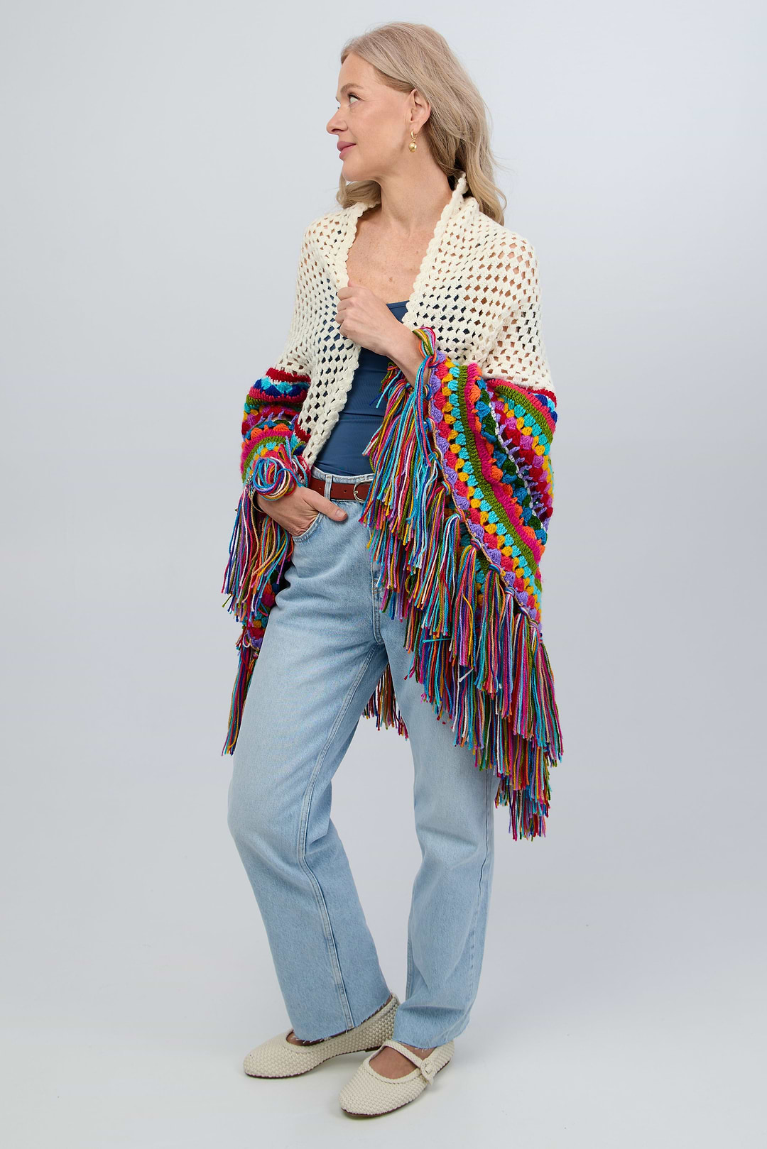 Rainbow Crochet Fringe Wrap - White