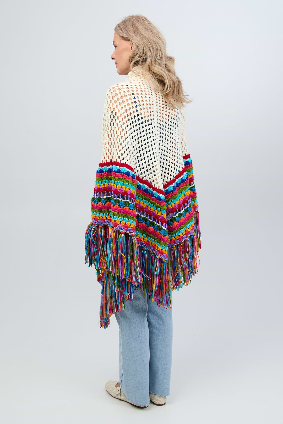 Rainbow Crochet Fringe Wrap - White