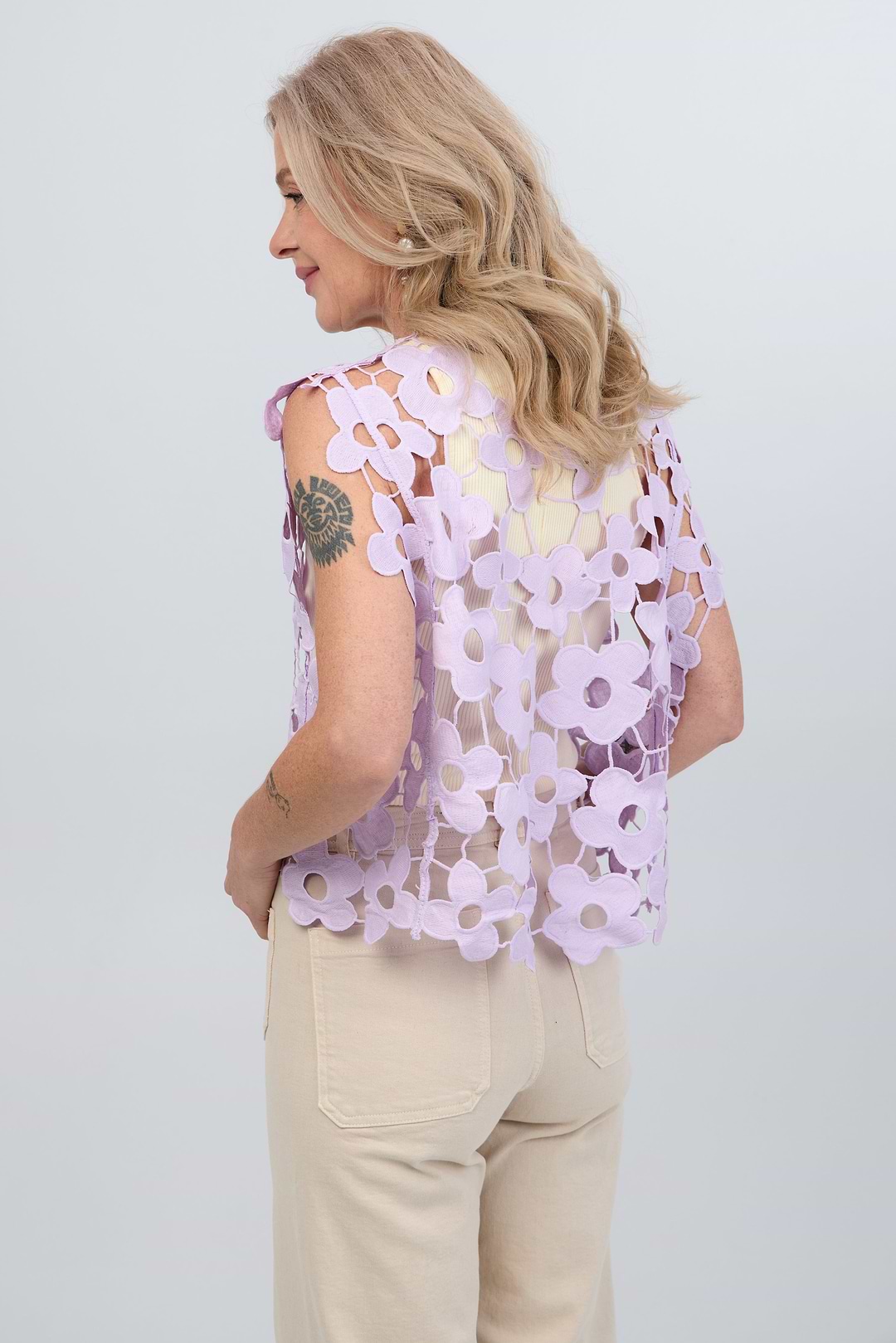 Floral Open Knit Vest Top - Lilac