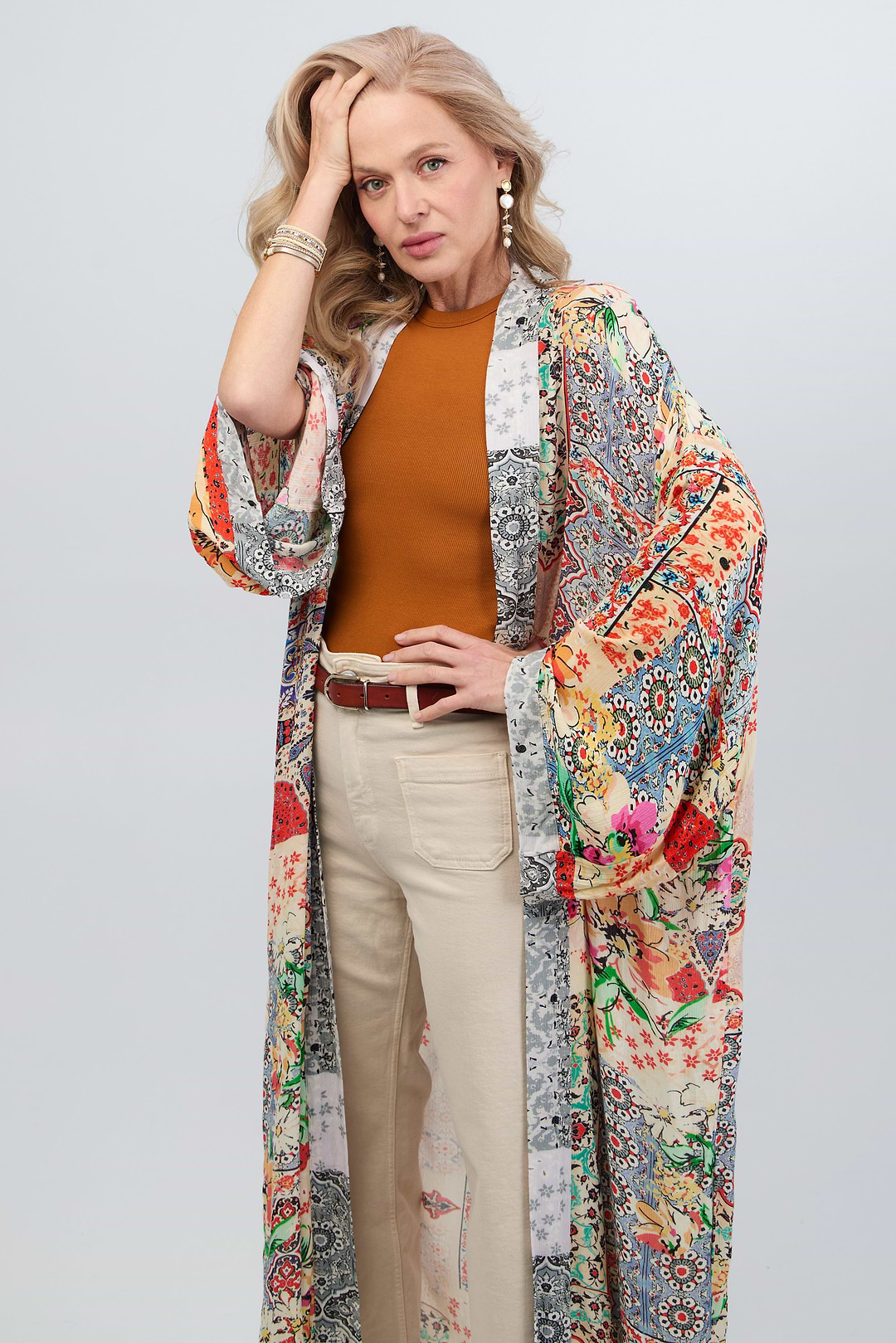 Mixed Floral Long Kimono Duster - Light Multi