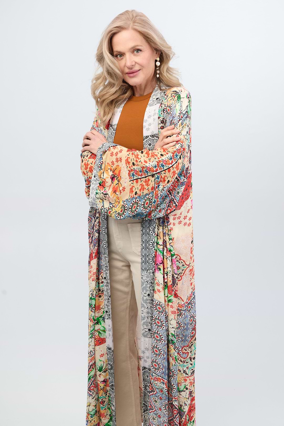 Mixed Floral Long Kimono Duster - Light Multi