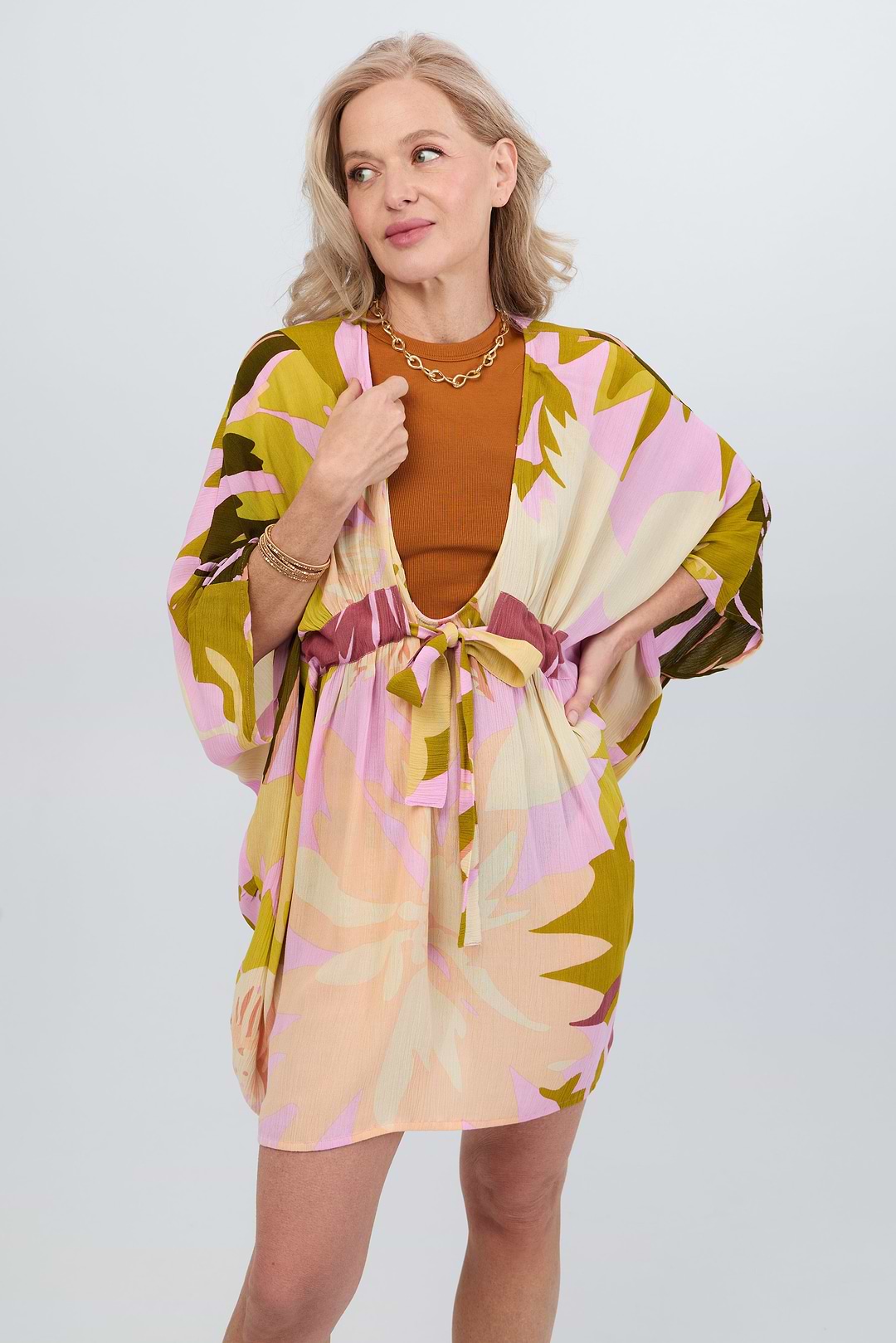 Multicolor Floral Short Kaftan - Cream