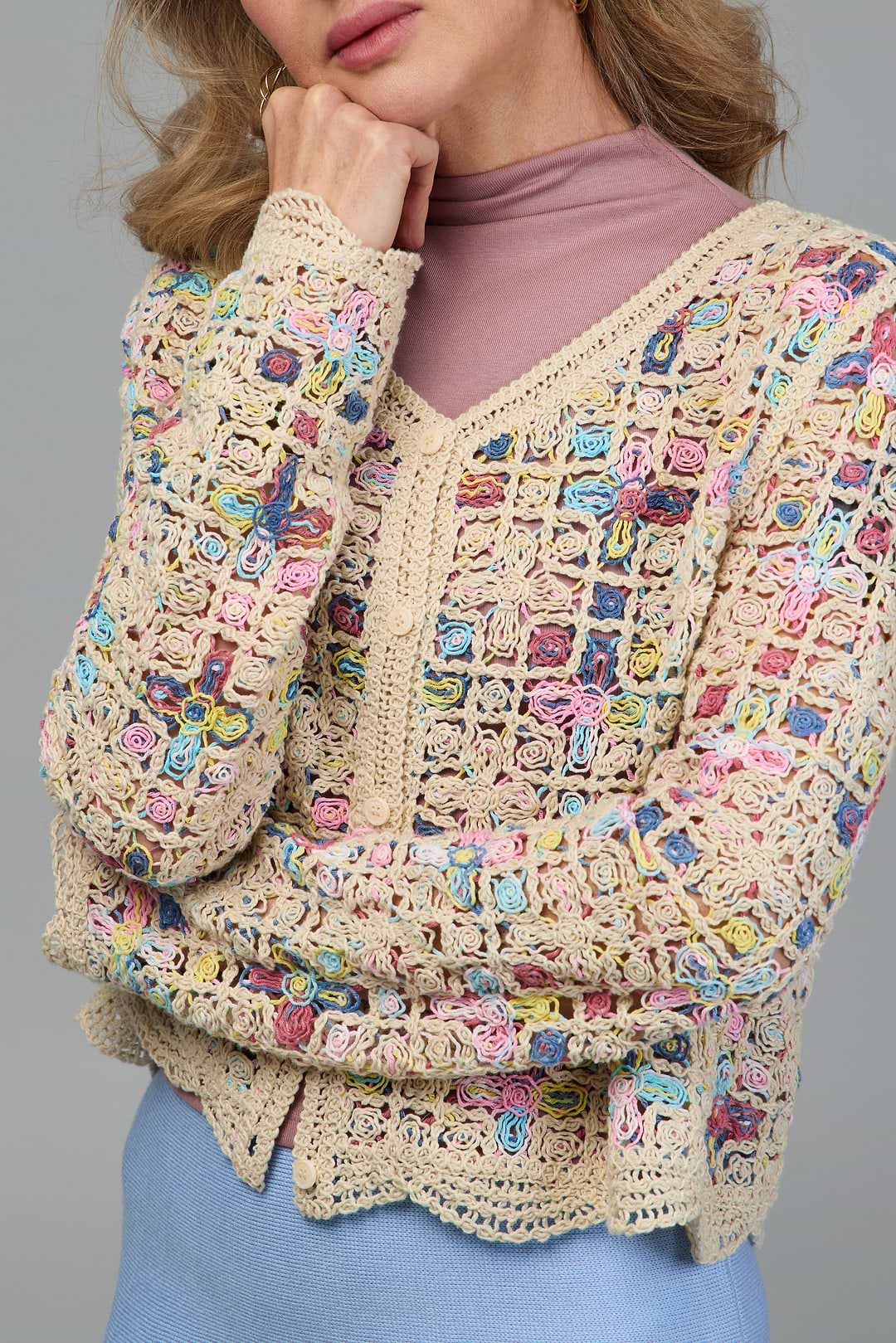Scalloped Floral Crochet Cardi - Multi
