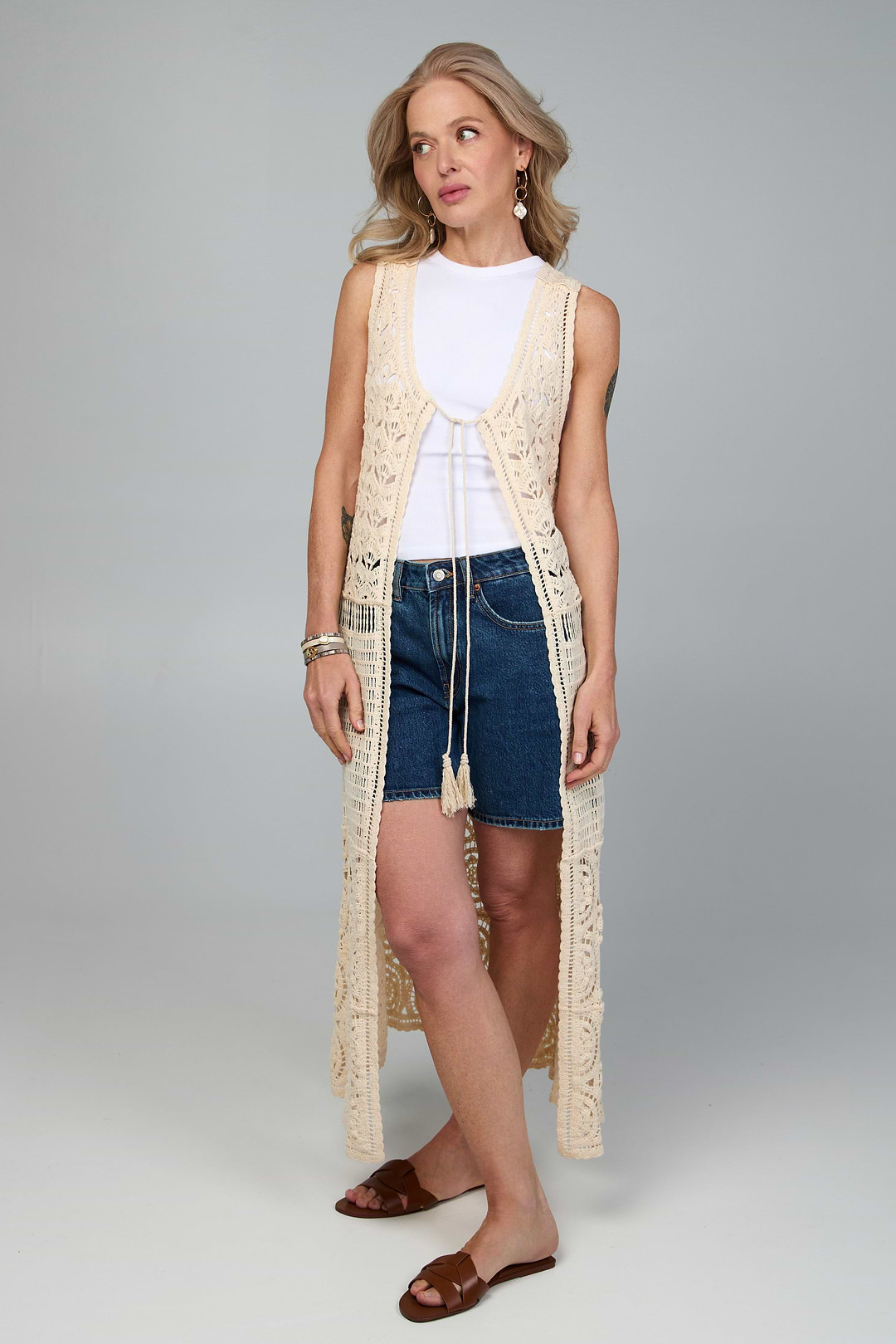 Crochet Tie Front Long Kimono - Ivory