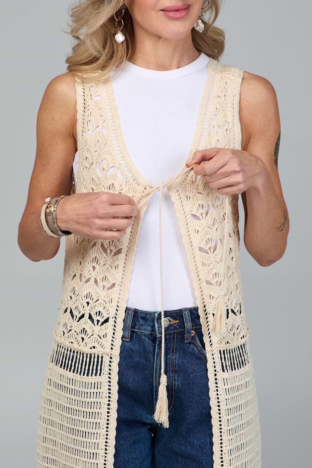 Crochet Tie Front Long Kimono - Ivory