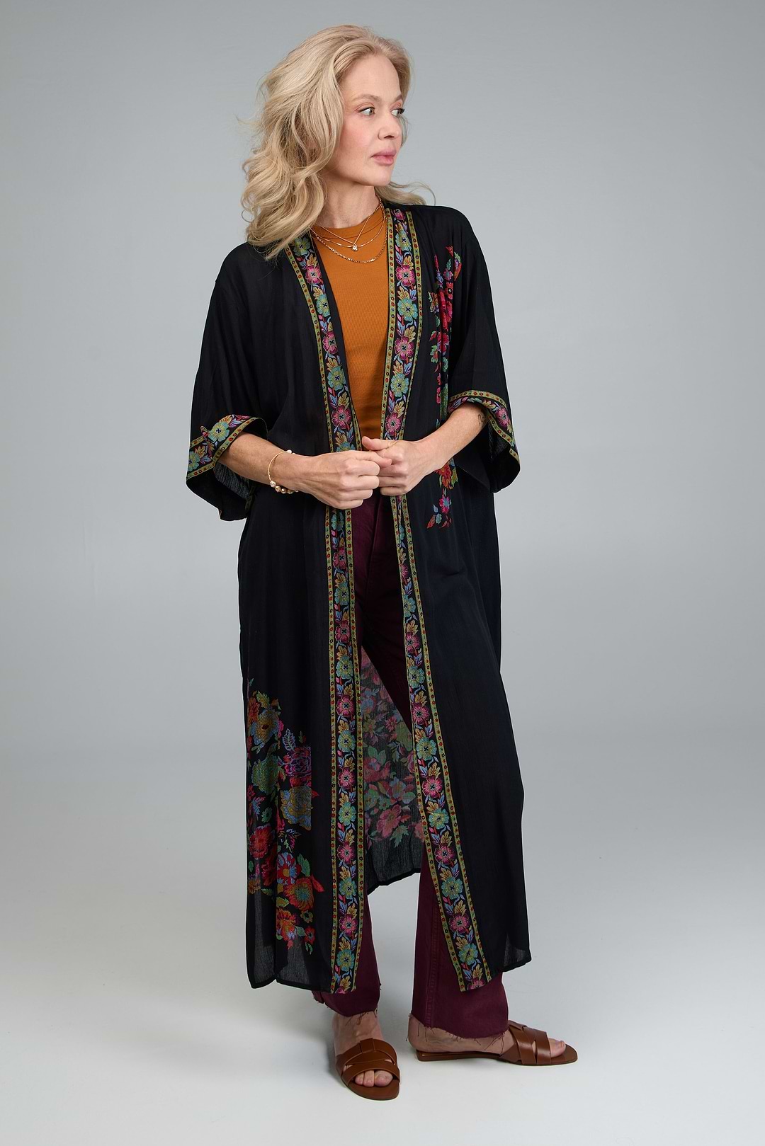 Long Floral Kimono Cover Black