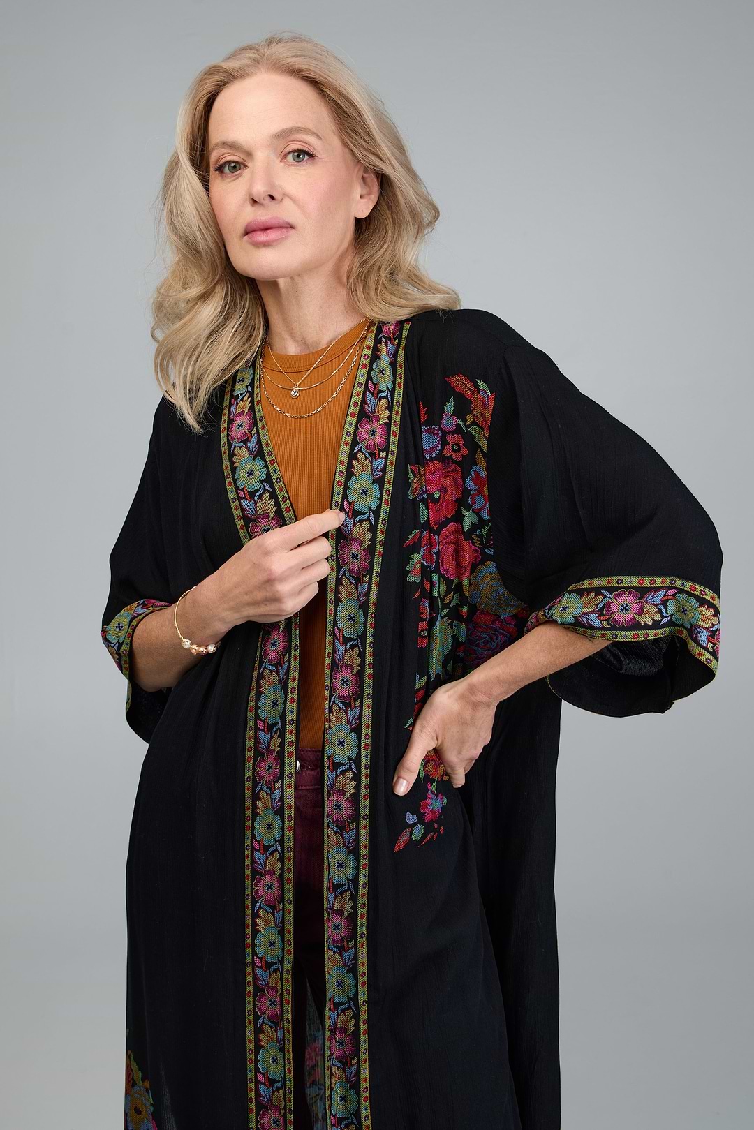 Long Floral Kimono Cover Black