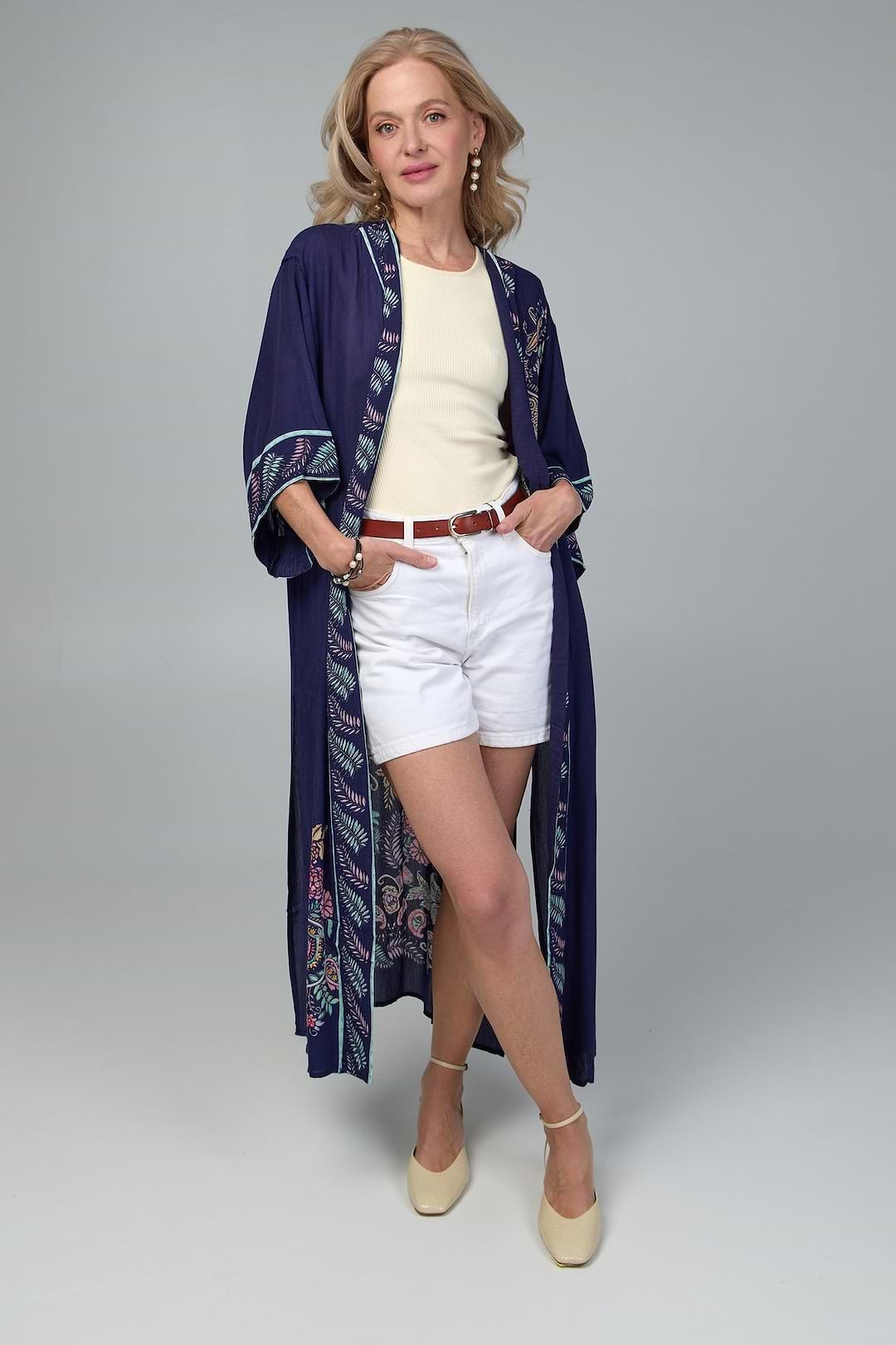 Flowy Paisley Kimono Long - Navy
