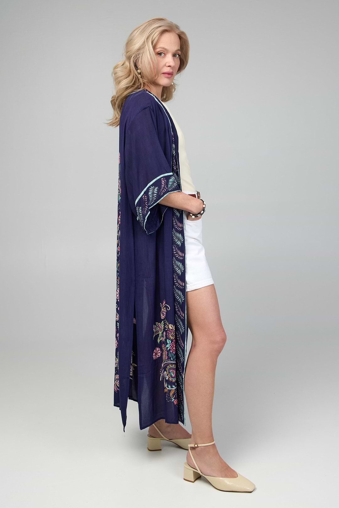 Flowy Paisley Kimono Long - Navy