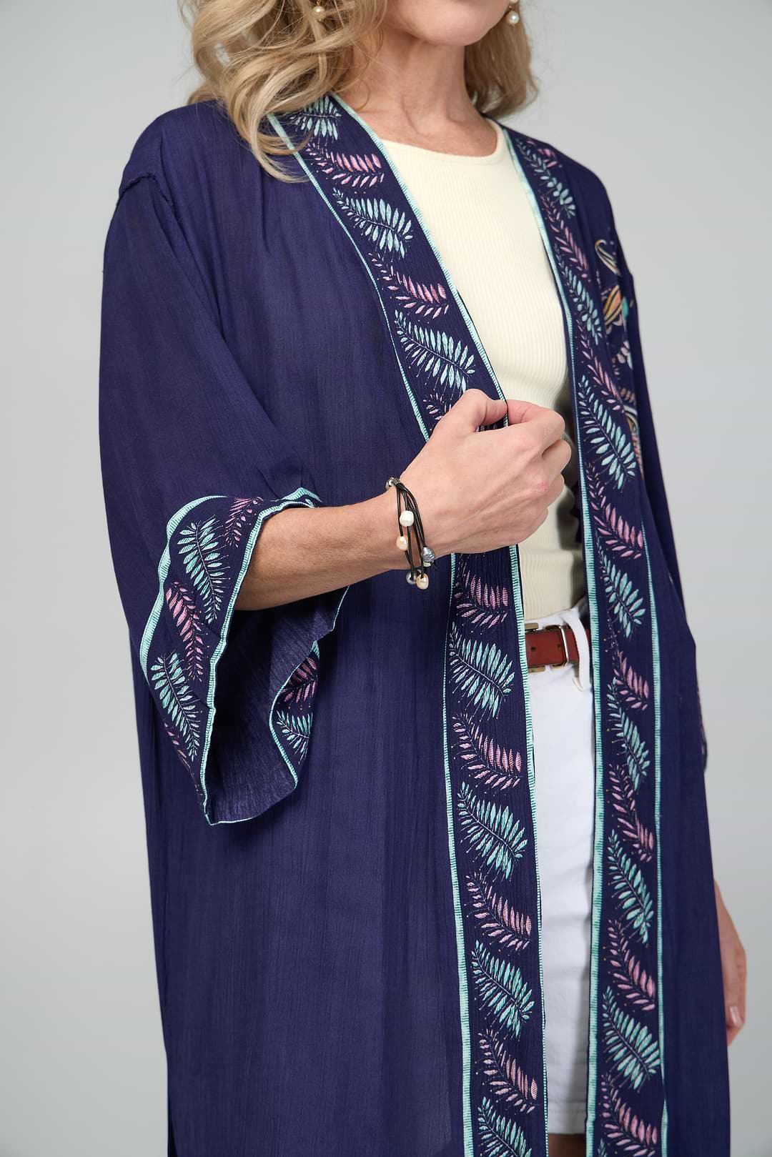 Flowy Paisley Kimono Long - Navy