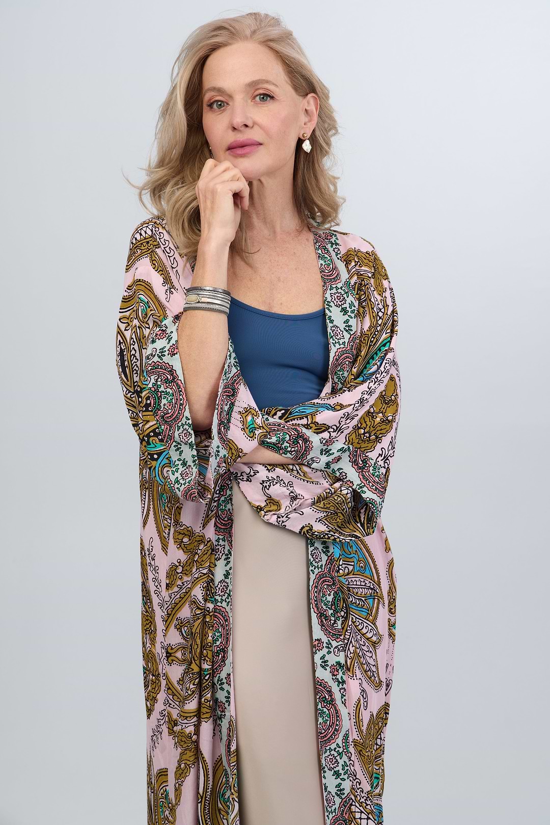 Multicolored Paisley Kimono Duster Long - Pink
