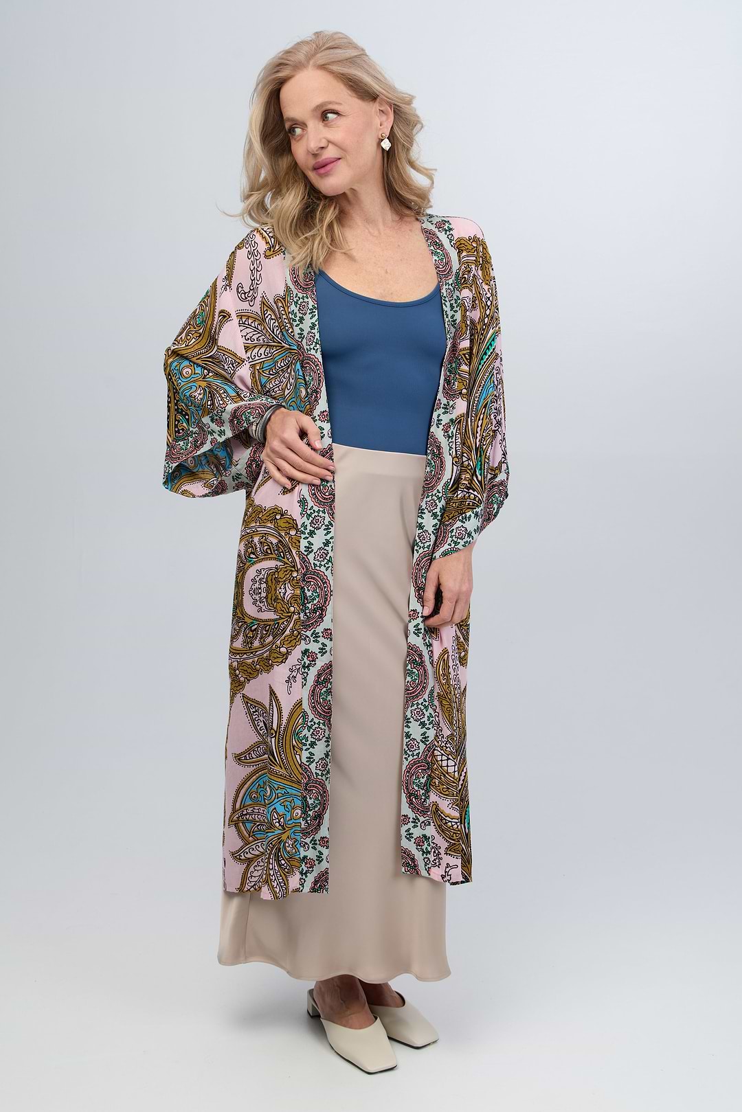 Multicolored Paisley Kimono Duster Long - Pink