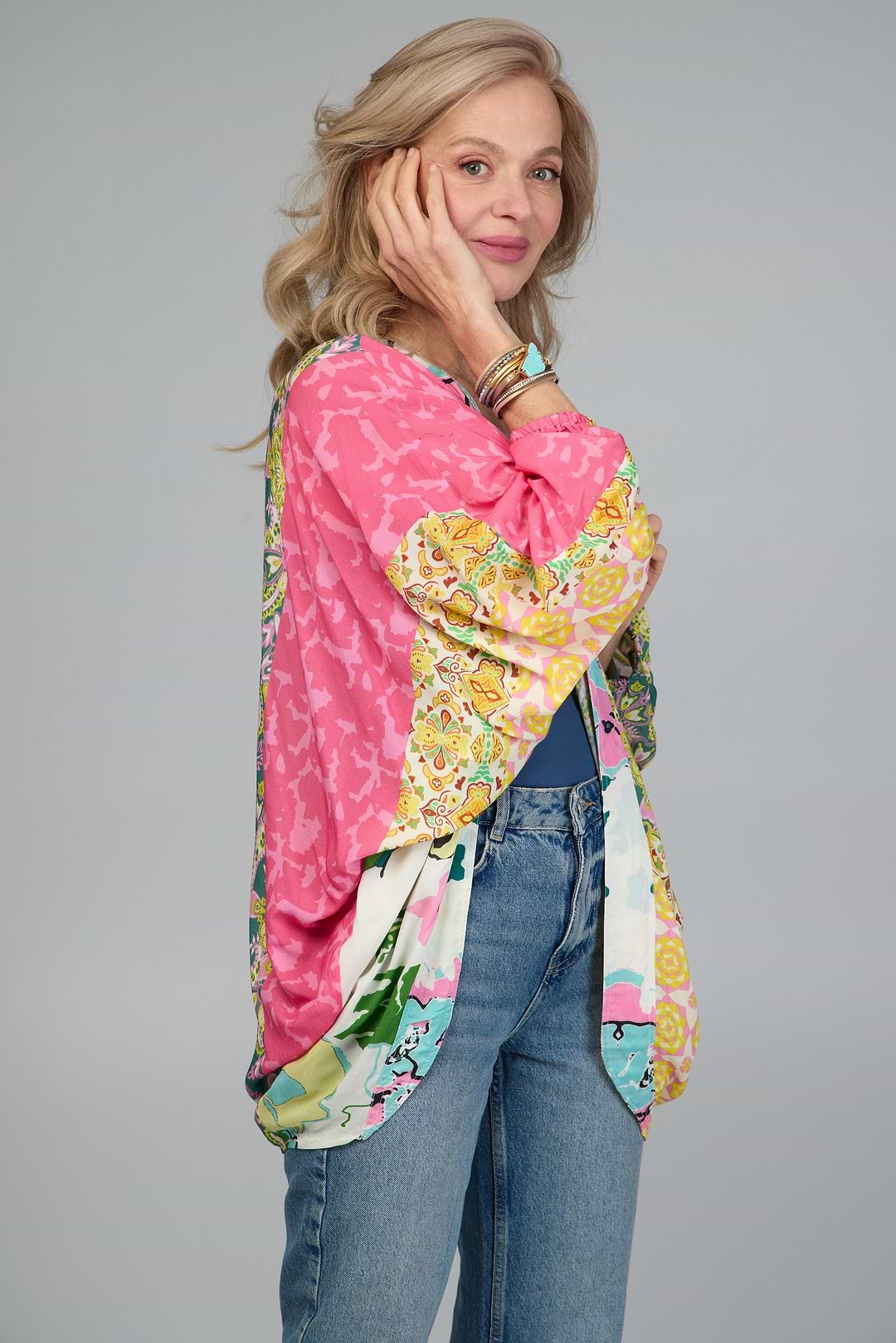 Multicolored Mixed Patterned Kimono - Pink
