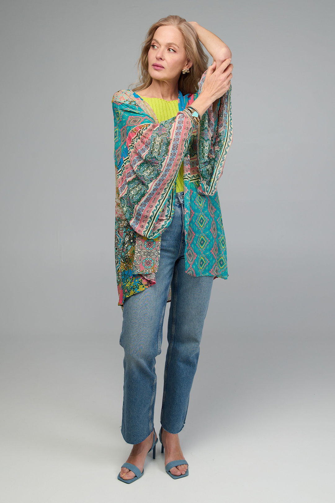 Mystical Garden Ruffle Sleeve Kimono - PaleTurquoise