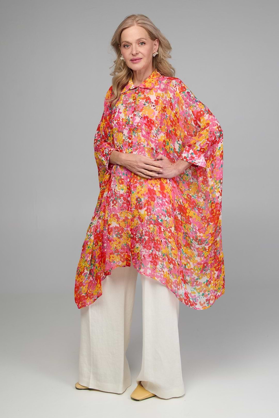 Oversized Colorful Floral Shirt Long - Hot Pink