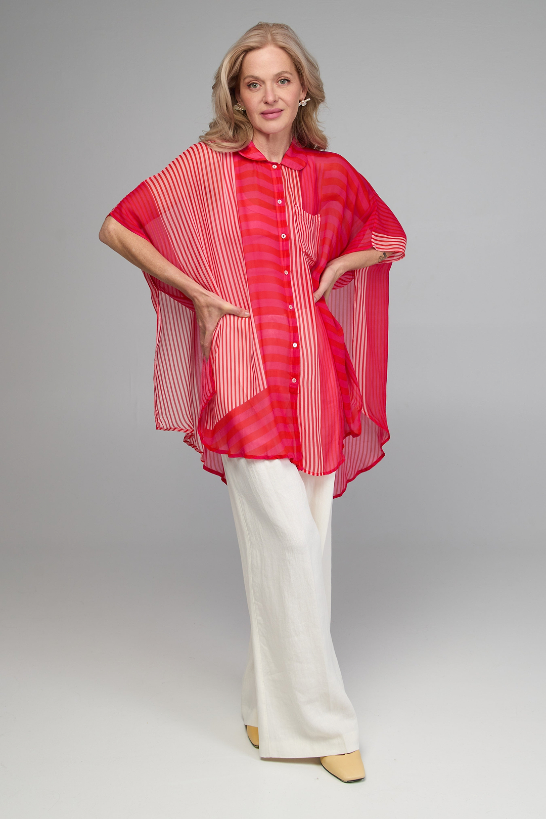 Flowy Striped Oversized Shirt - Red