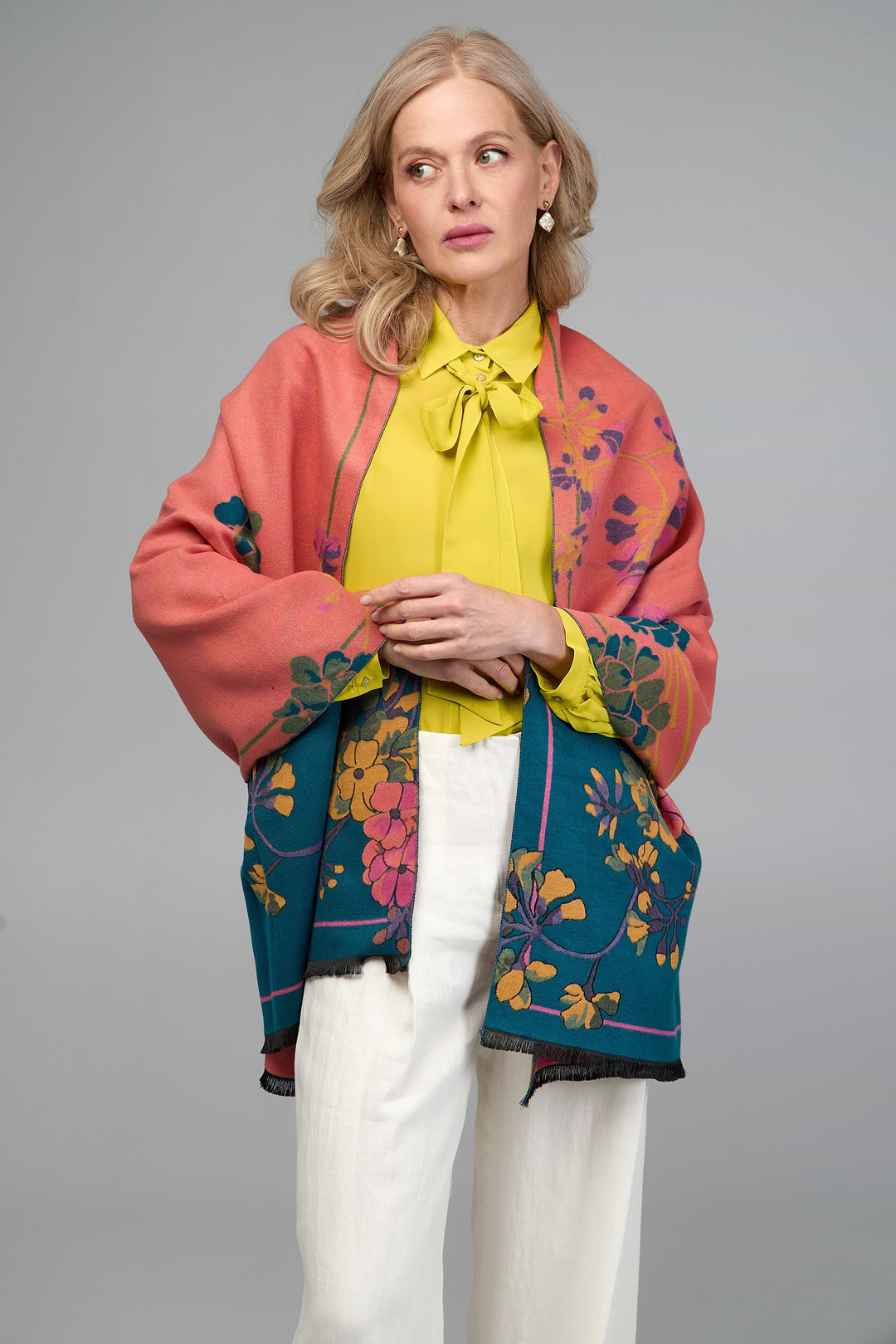 Two Tone Floral Reversible Scarf - Teal
