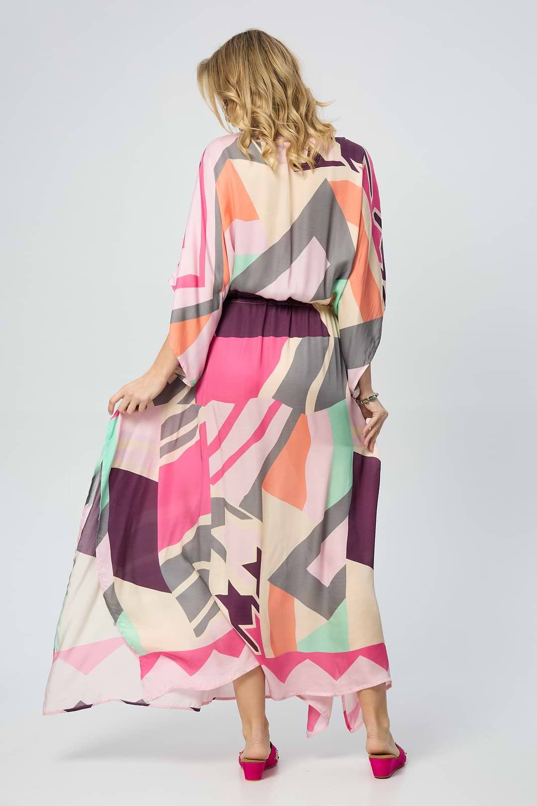 Multicolored Geo Tie Waist Keyhole Kaftan - Pink