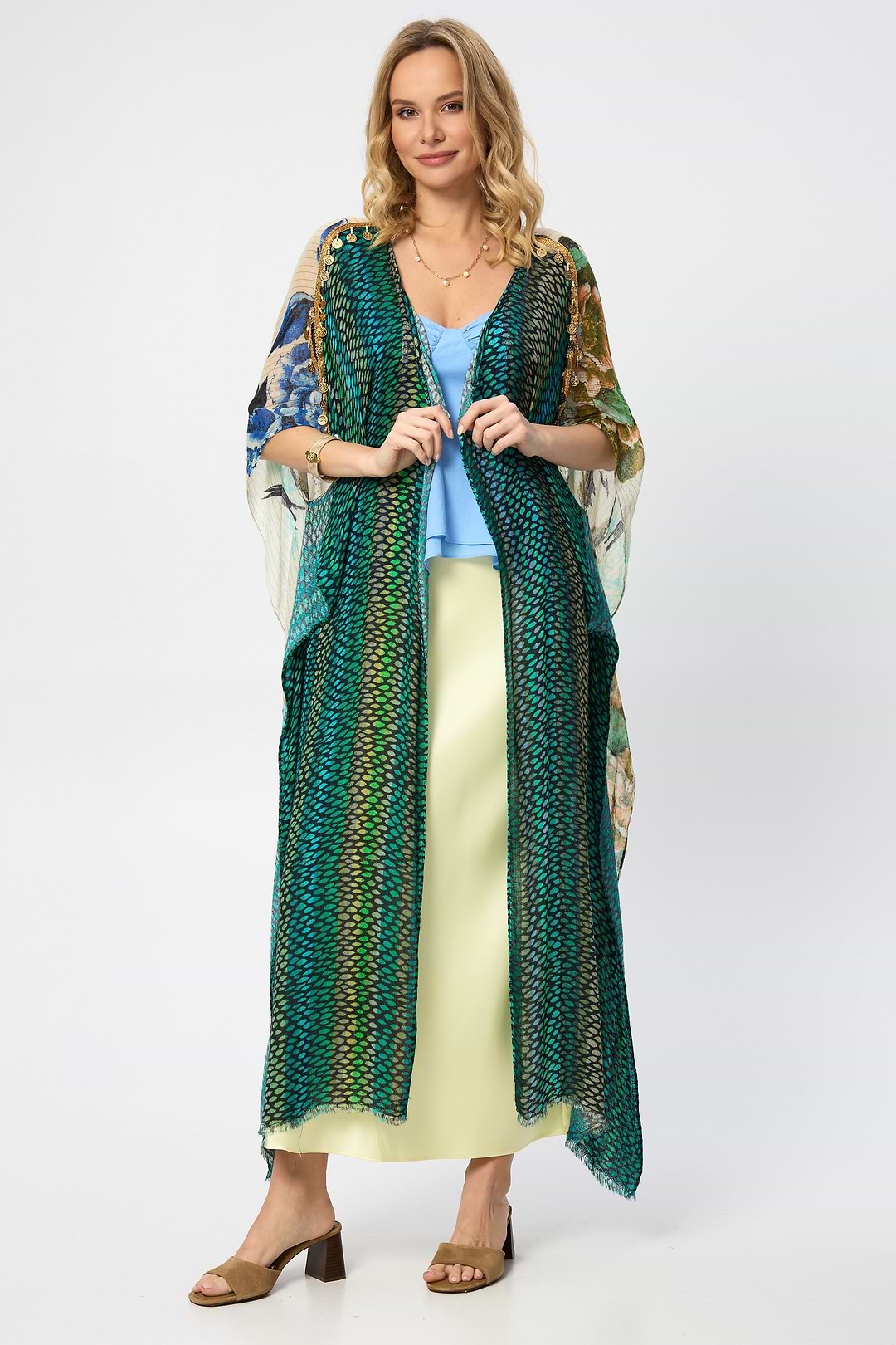 Shimmering Floral Print Kimono - Olive