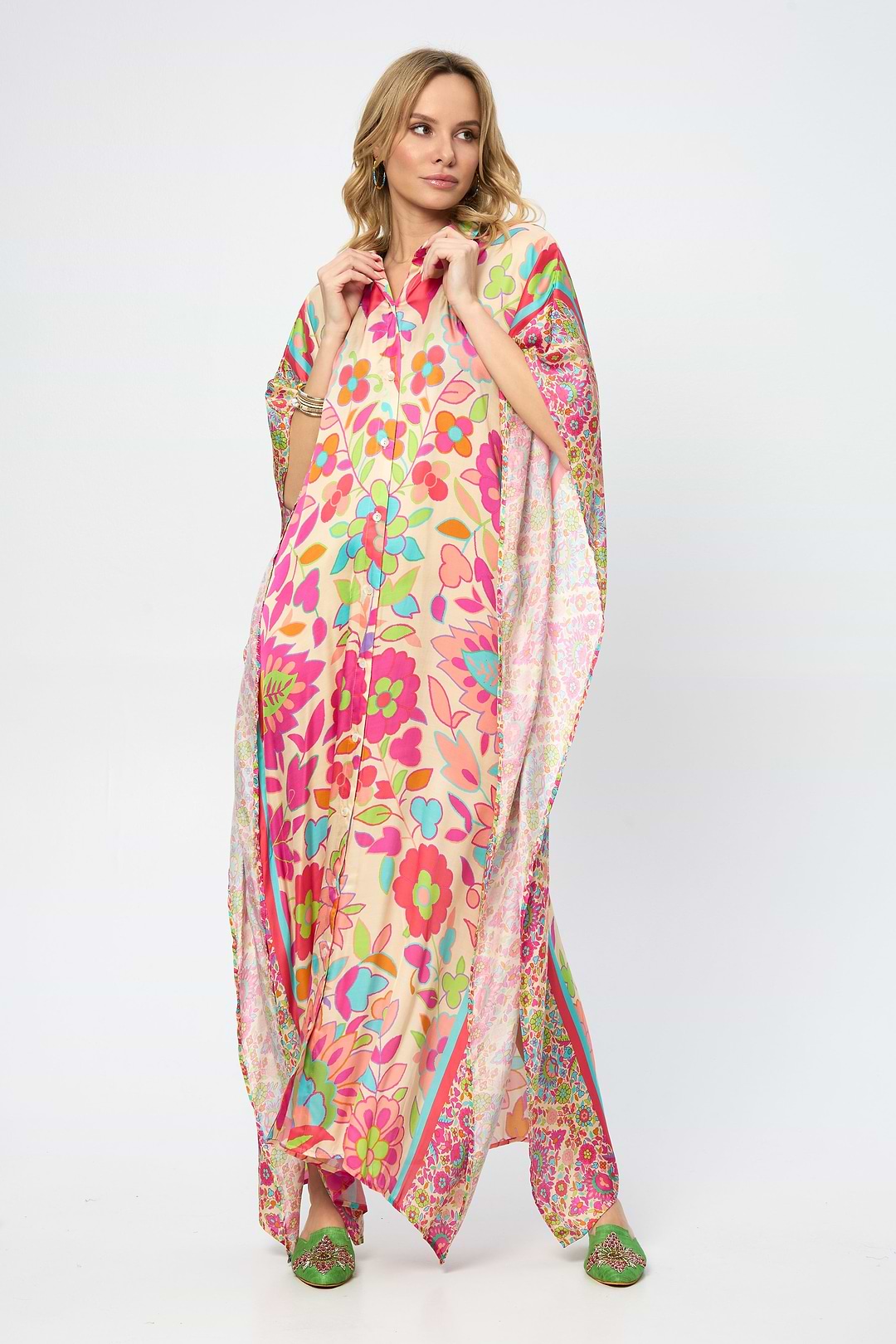 Multicolored Floral Collared Kaftan - Multi