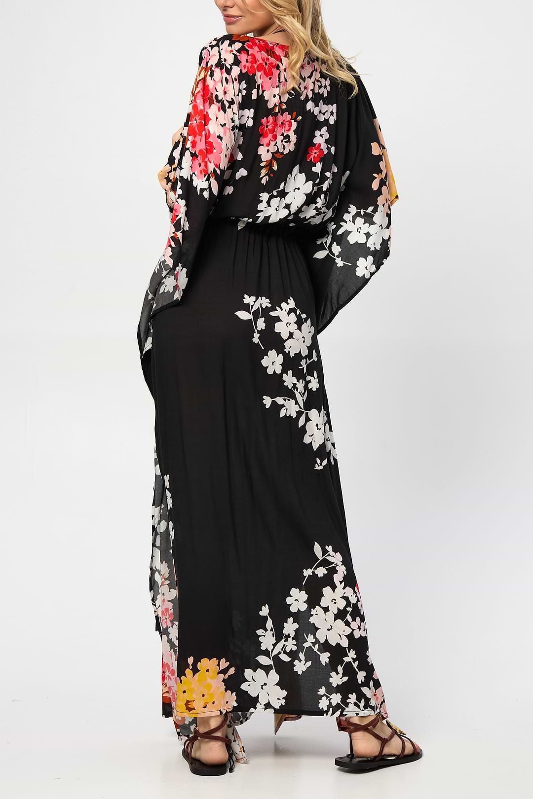 Multicolored Fiore Tie Waist Keyhole Kaftan - Black Combo