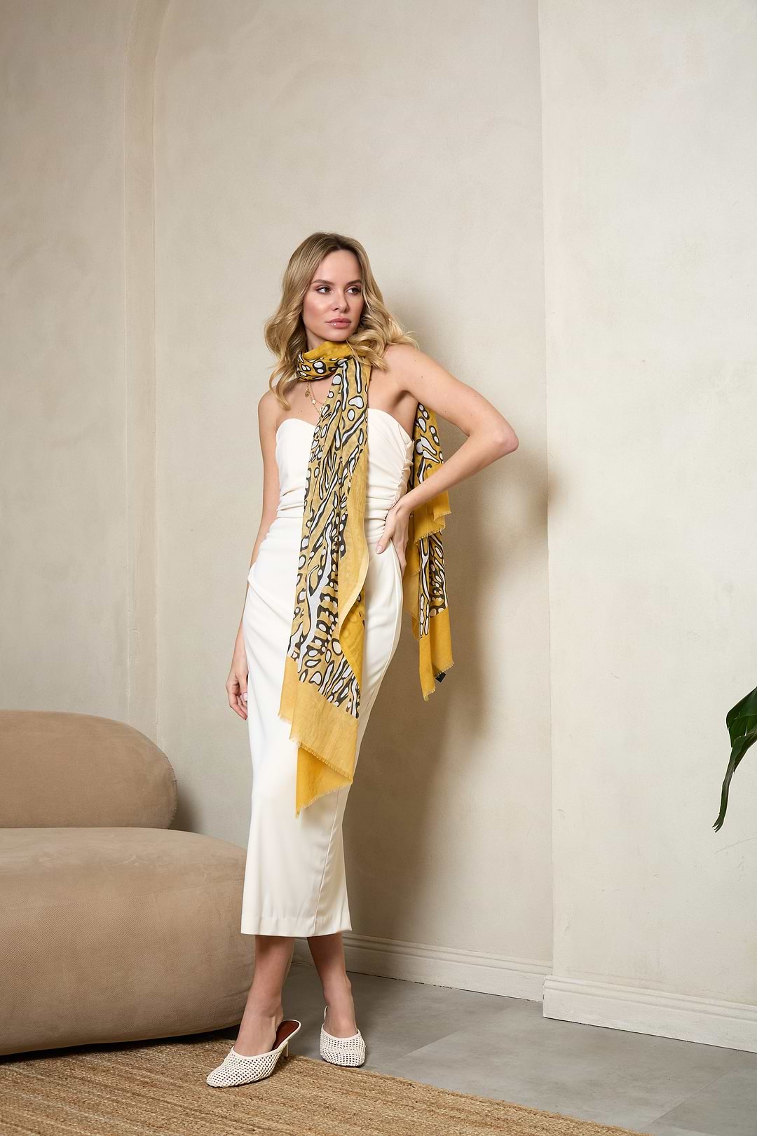Abstract Animal Print Scarf - Mustard