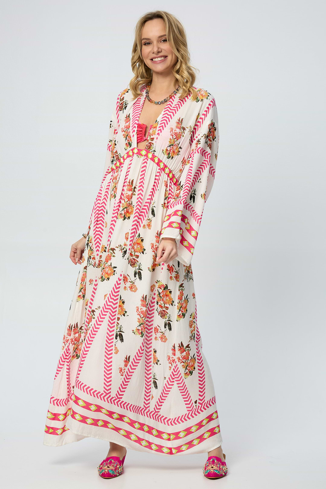 Aztec Floral Keyhole Kaftan - White Combo