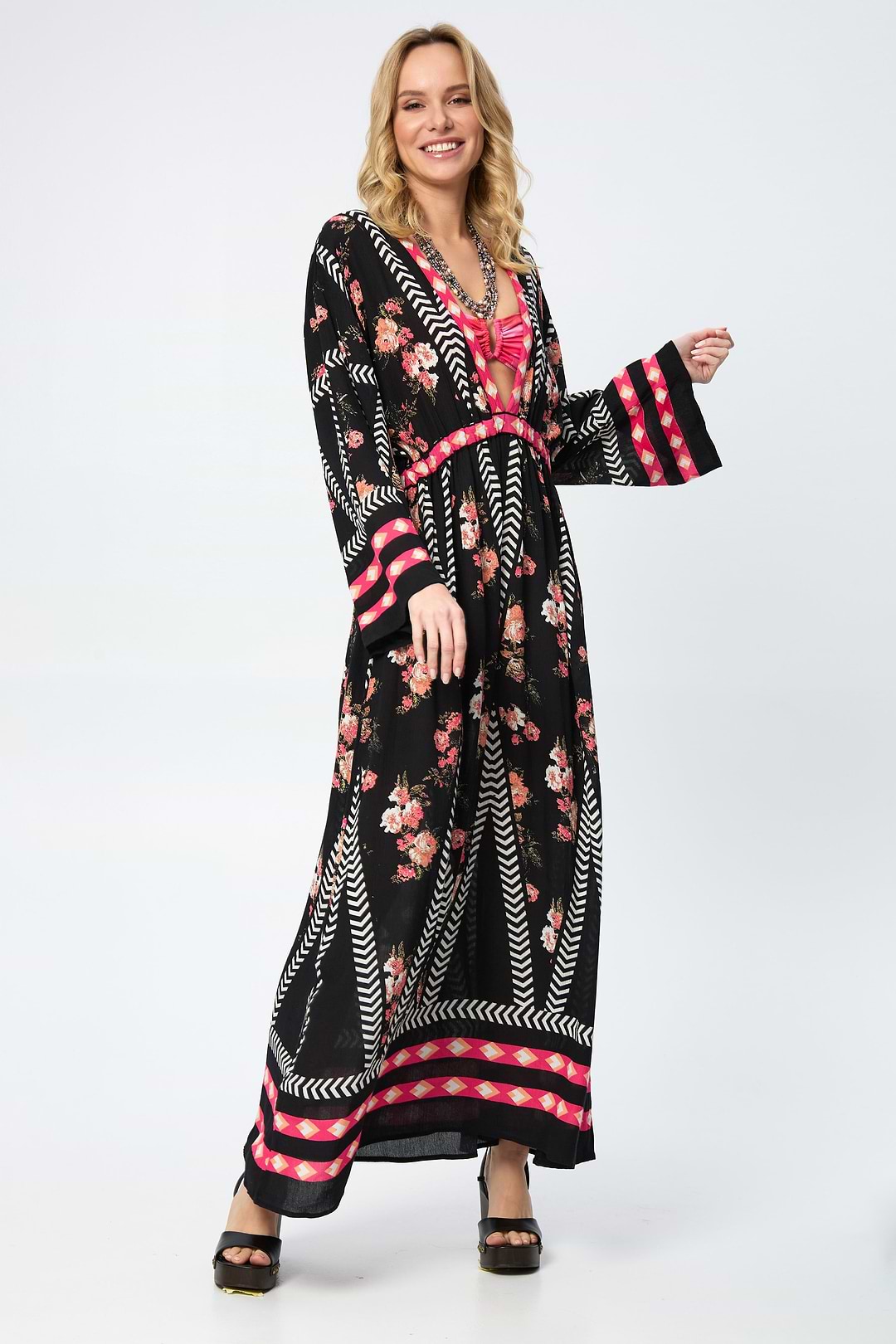 Aztec Floral Keyhole Kaftan - Black Combo