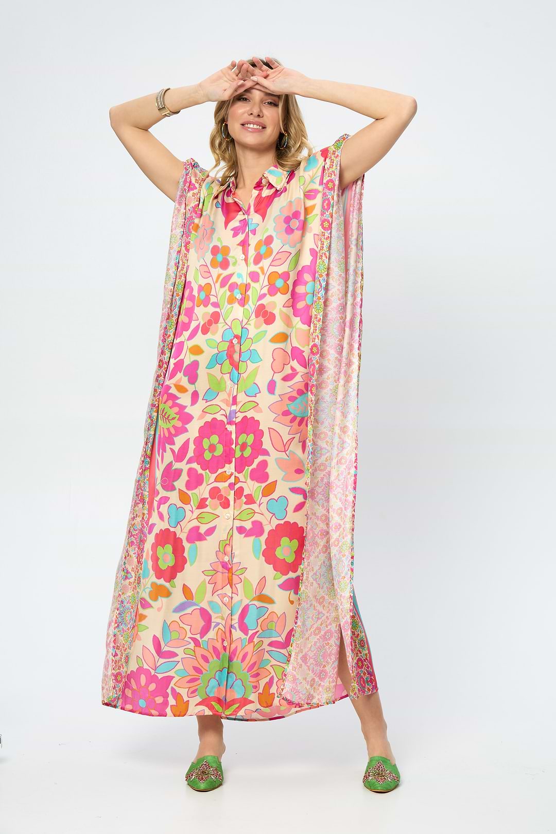 Multicolored Floral Collared Kaftan - Multi