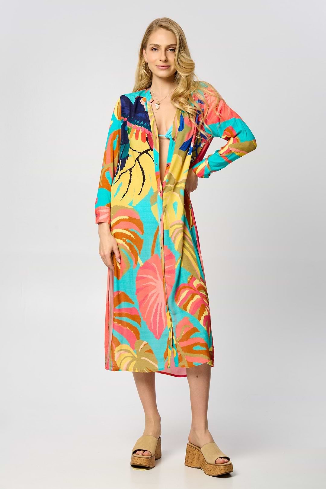 Tropical Button Long Kimono - Multi