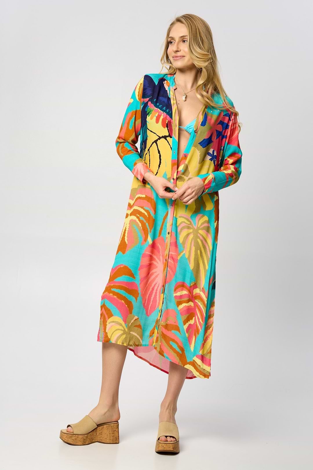 Tropical Button Long Kimono - Multi