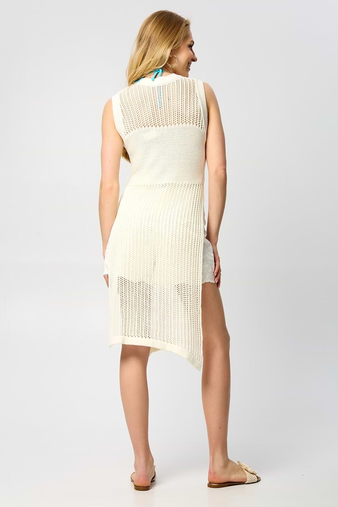 Cotton Crochet Cover Up Split Hem Kaftan - Ivory