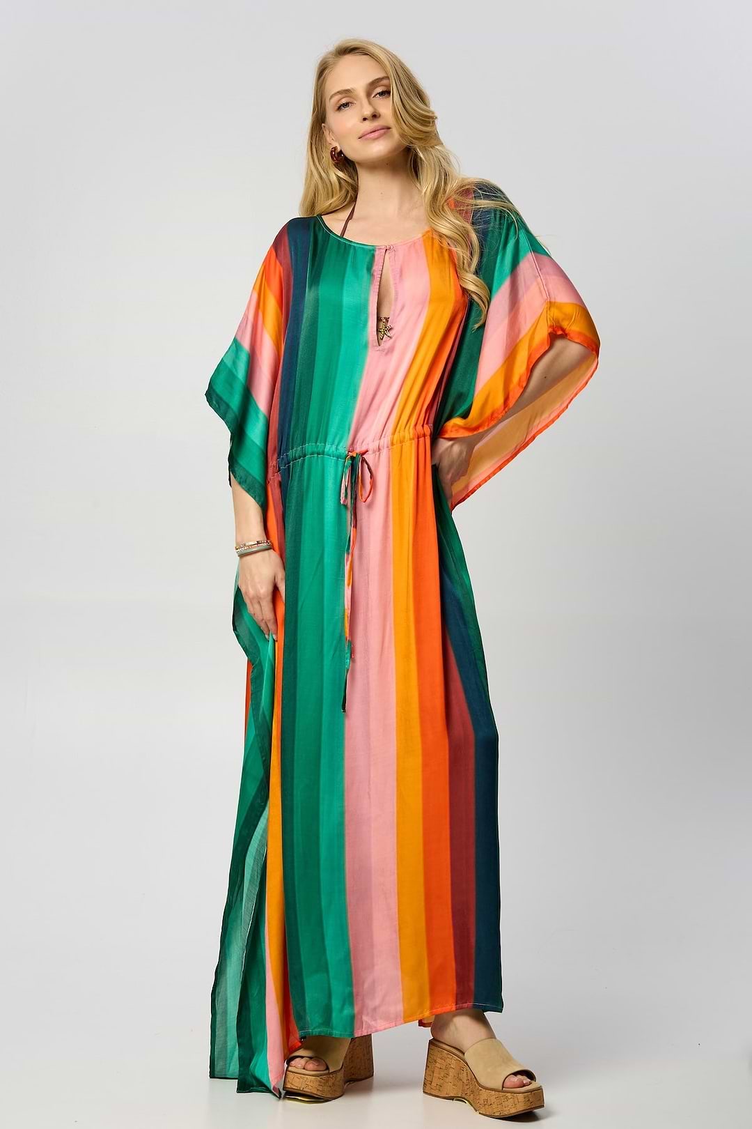 Multicolor Striped Tie Waist Keyhole Kaftan - Medium Spring Green