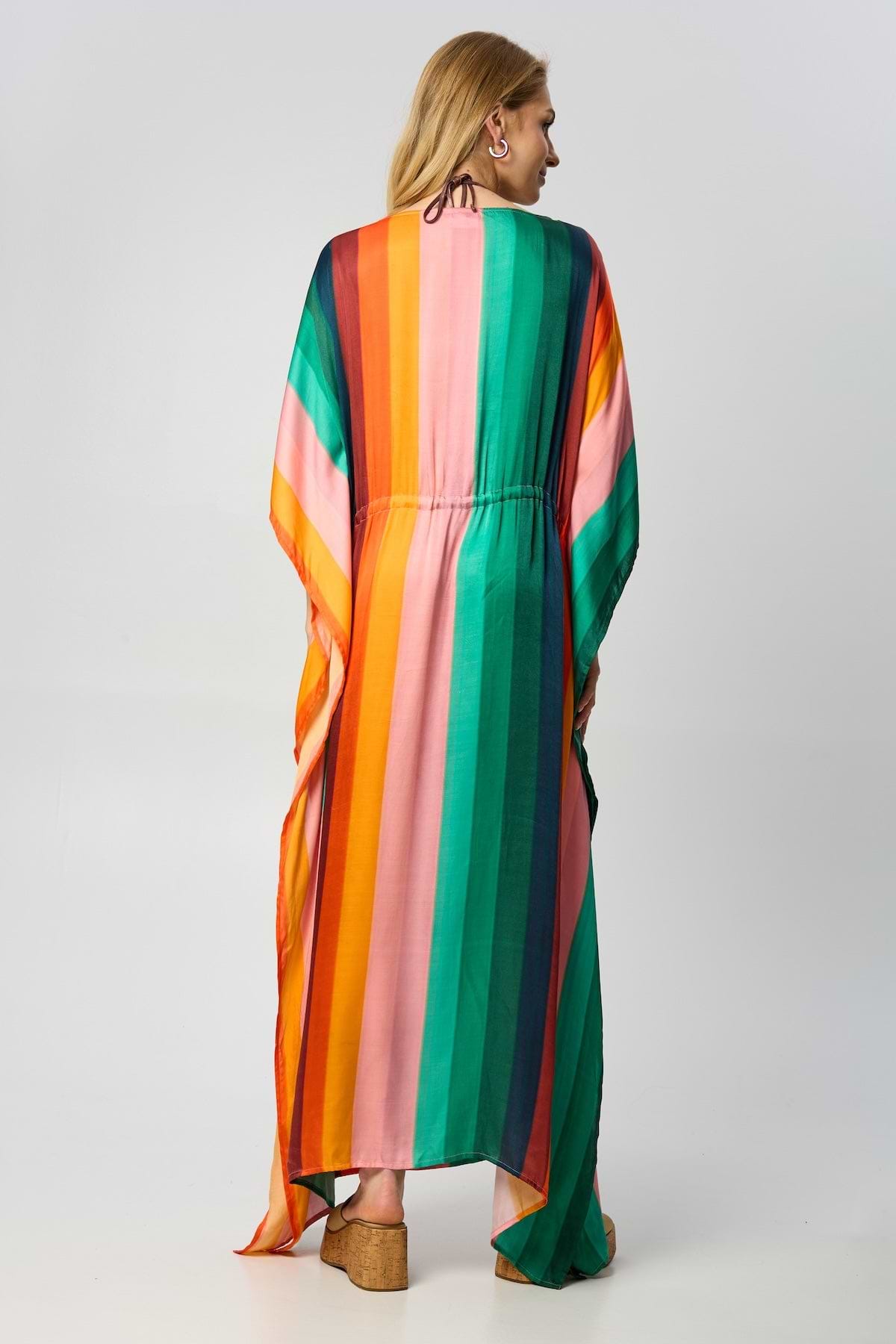 Multicolor Striped Tie Waist Keyhole Kaftan - Medium Spring Green