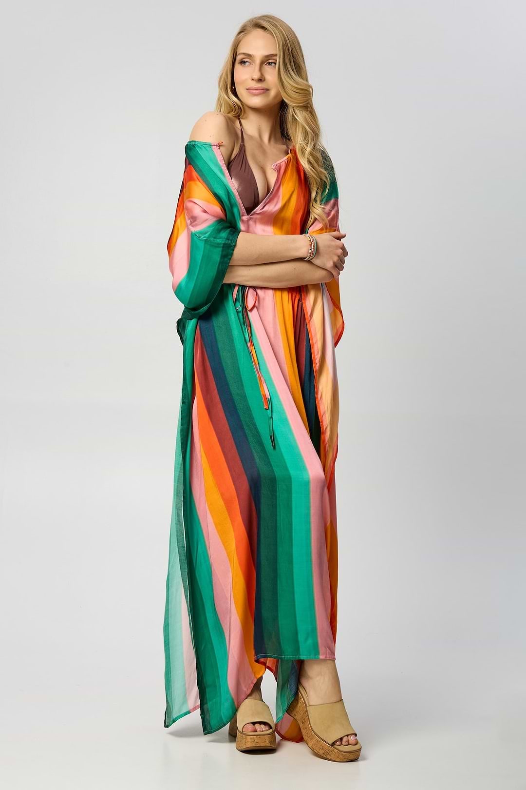 Multicolor Striped Tie Waist Keyhole Kaftan - Medium Spring Green