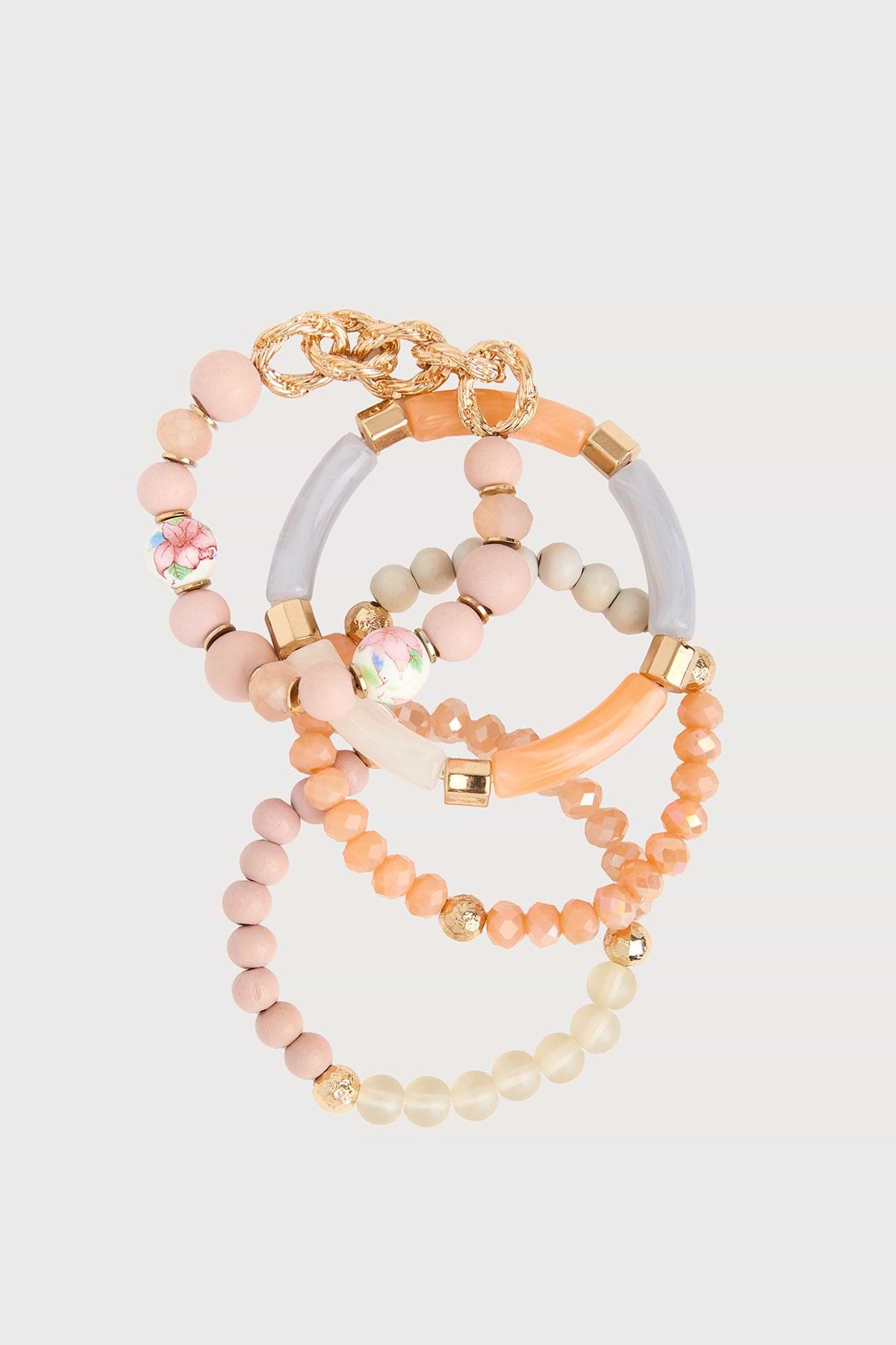 Beaded Wood Chain Link Bracelet Set - Dark salmon