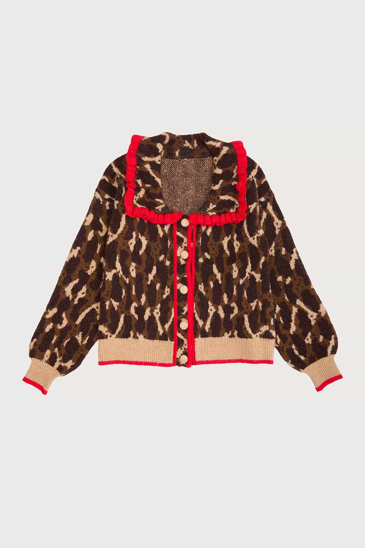 Leopard Collar Button Cardigan - Brown