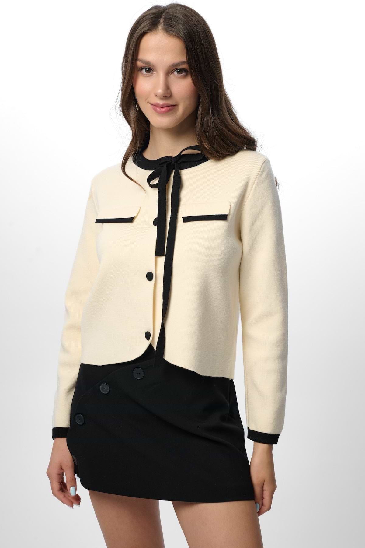 Chic Tie Neck Button Cardigan - White Combo