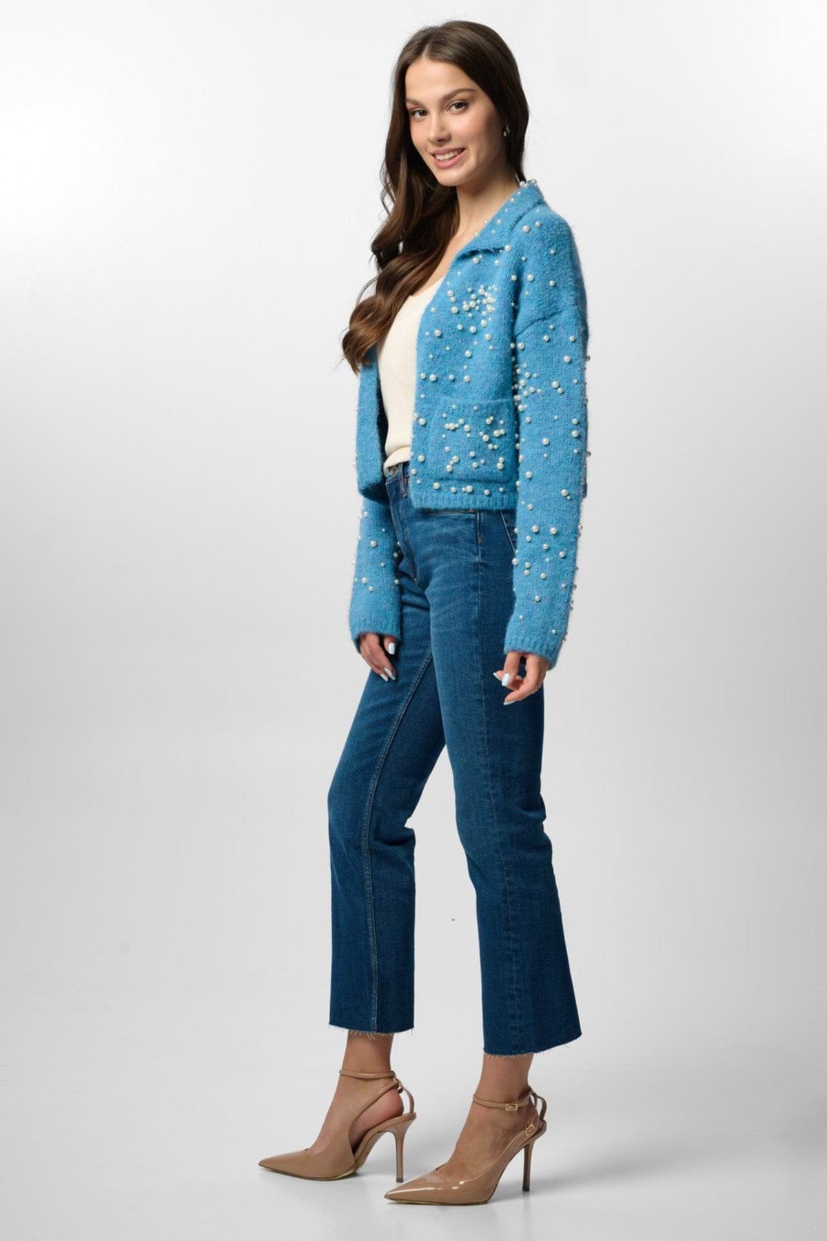 Pearl Collared Open Cardigan - Blue