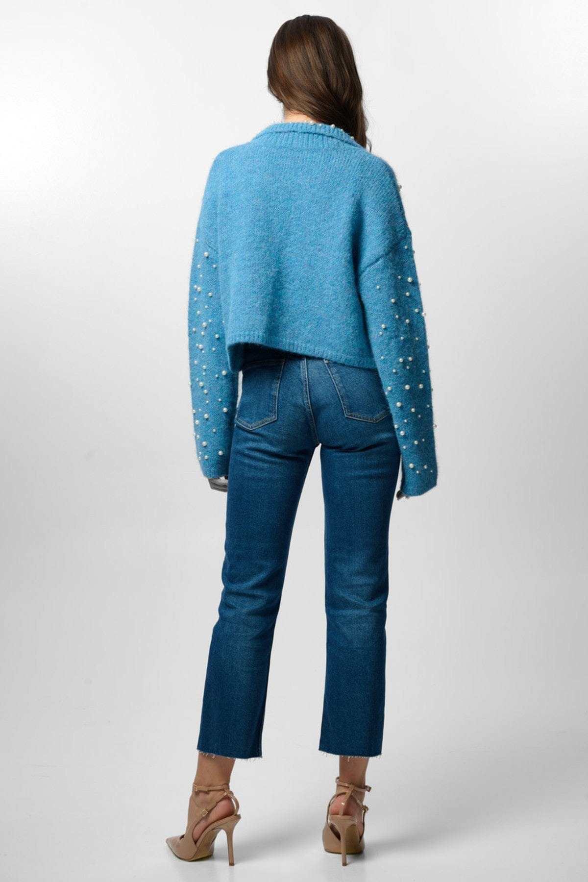 Pearl Collared Open Cardigan - Blue