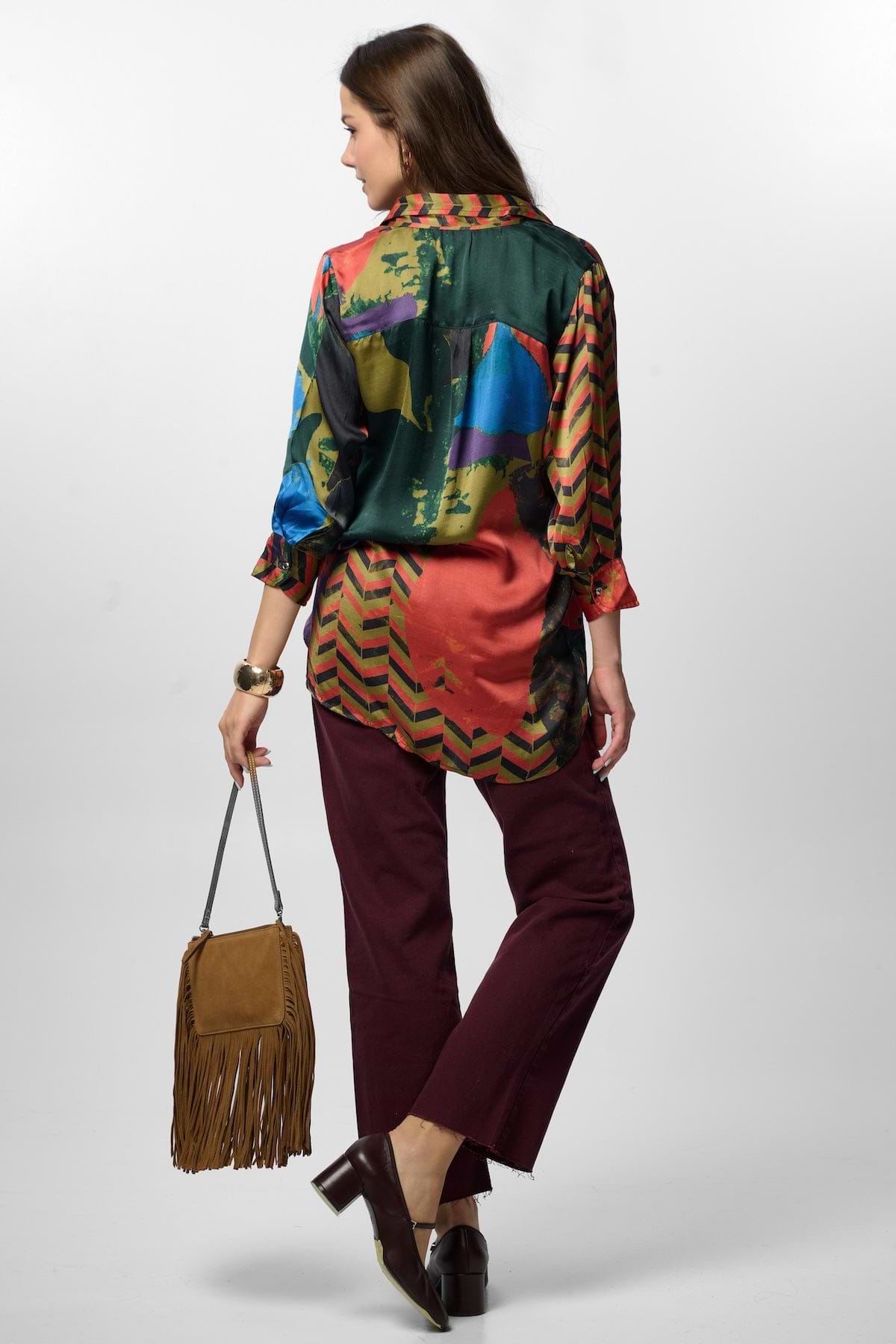 Satin Abstract Geometric Shirt - ORANGE
