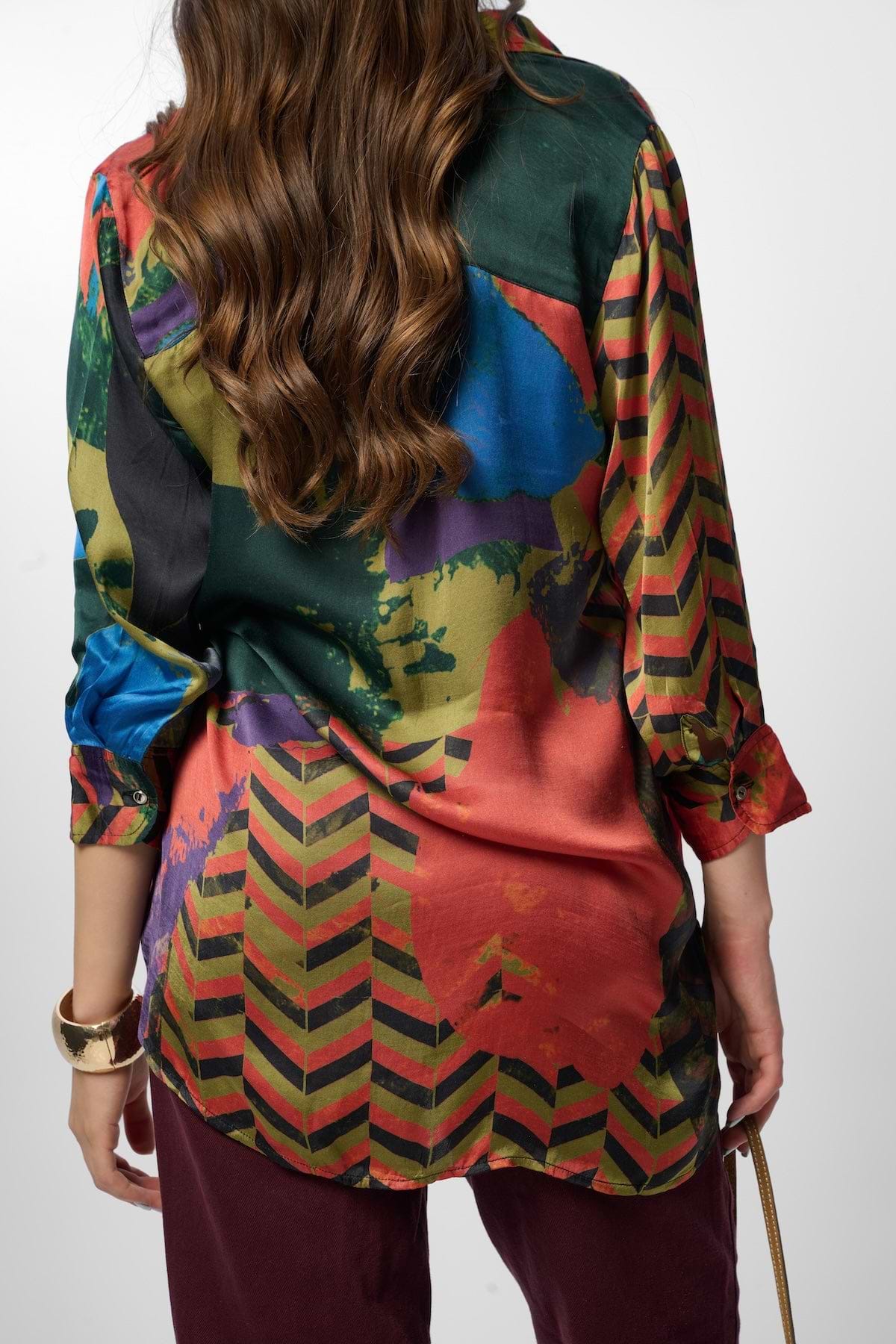 Satin Abstract Geometric Shirt - ORANGE