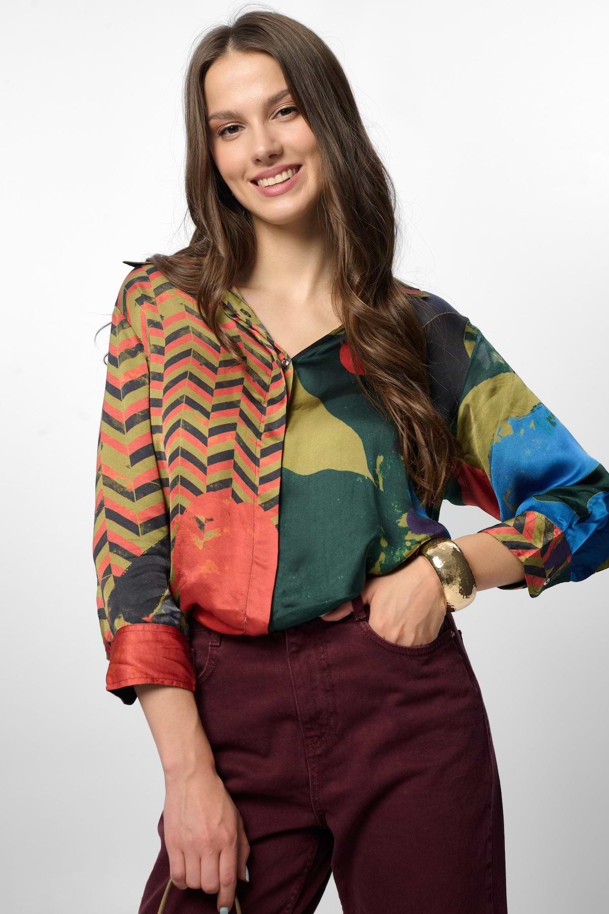 Satin Abstract Geometric Shirt - ORANGE