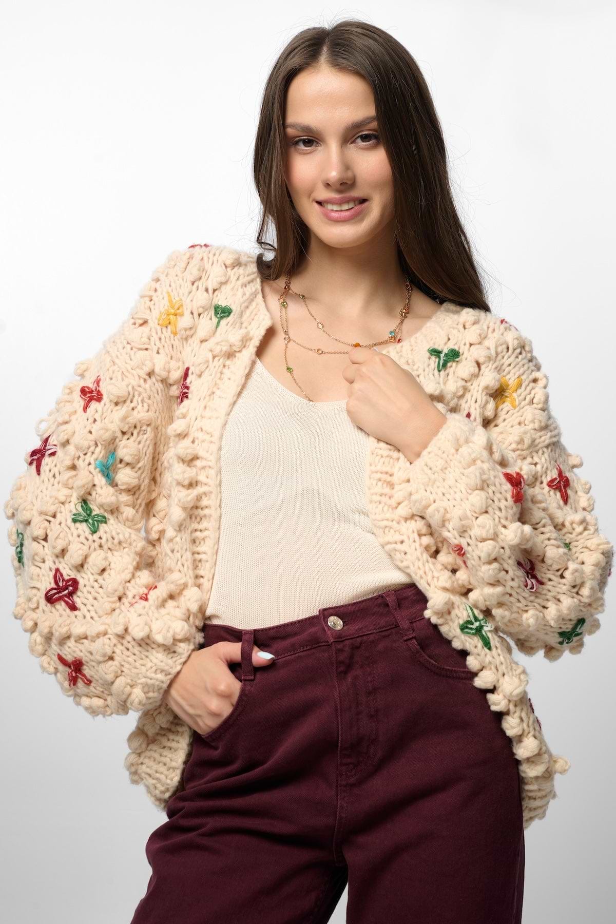 Knitted Cardigan Cross Pom Pom - Ivory