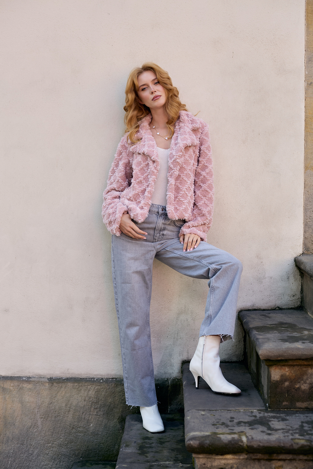Diamond Patterned Collared Short Jacket - Blush