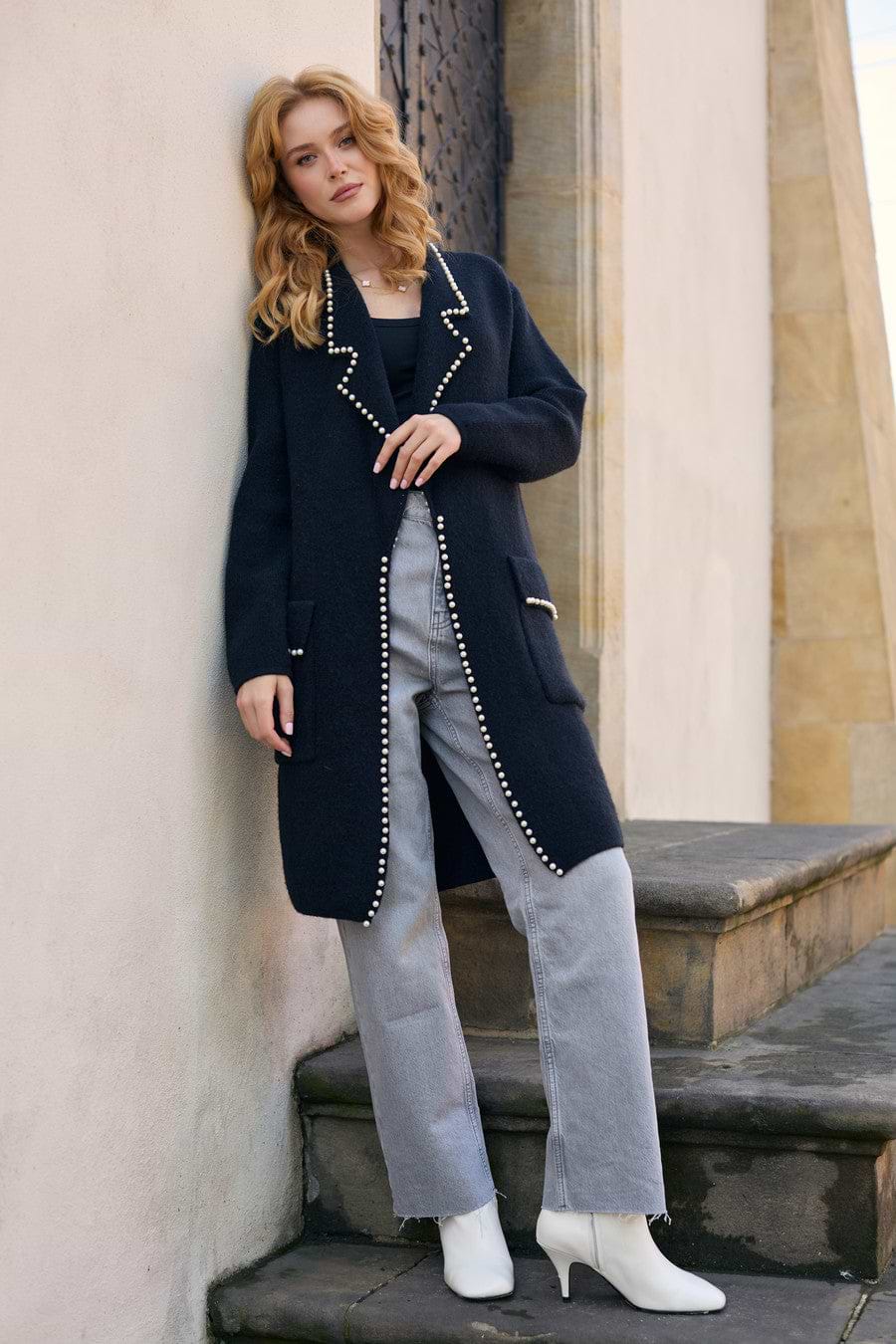 Pearl Trim Long Knit Blazer - Black