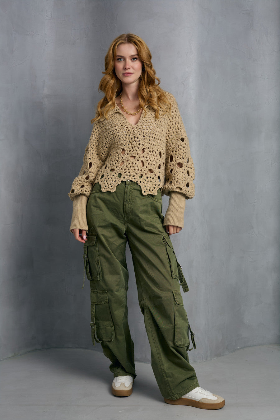 Floral Crochet Pullover Sweater - Beige