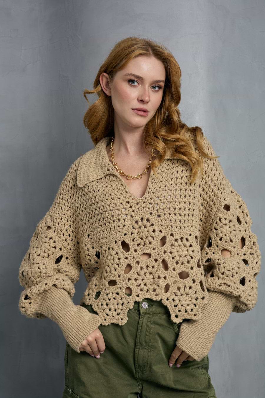 Floral Crochet Pullover Sweater - Beige